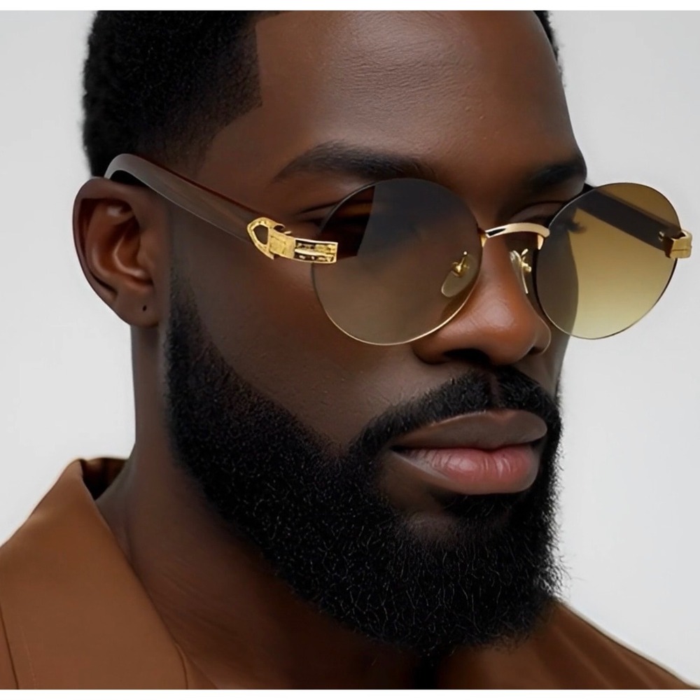 Rimless Sunglasses Oval Lens Gold Accents Wood Arms Fashion Shades Sophisticated
